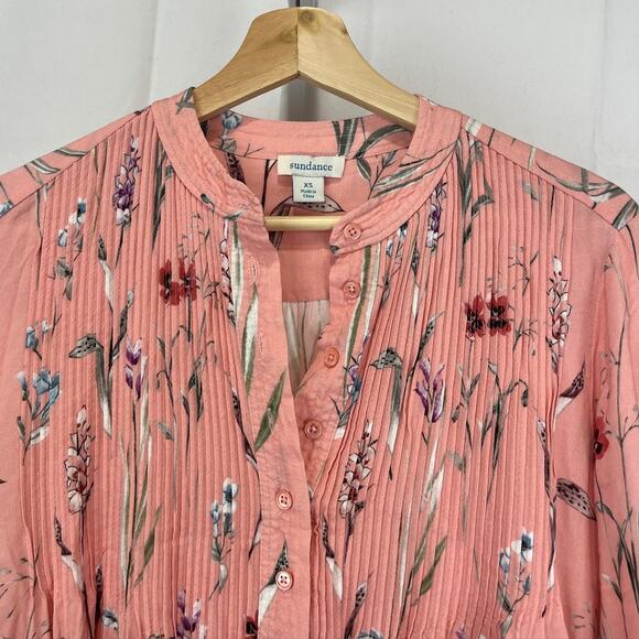 SUNDANCE Mystic Days Pintuck Pleat Popover Tunic Top Floral Rayon Pink Size XS - Picture 3 of 8
